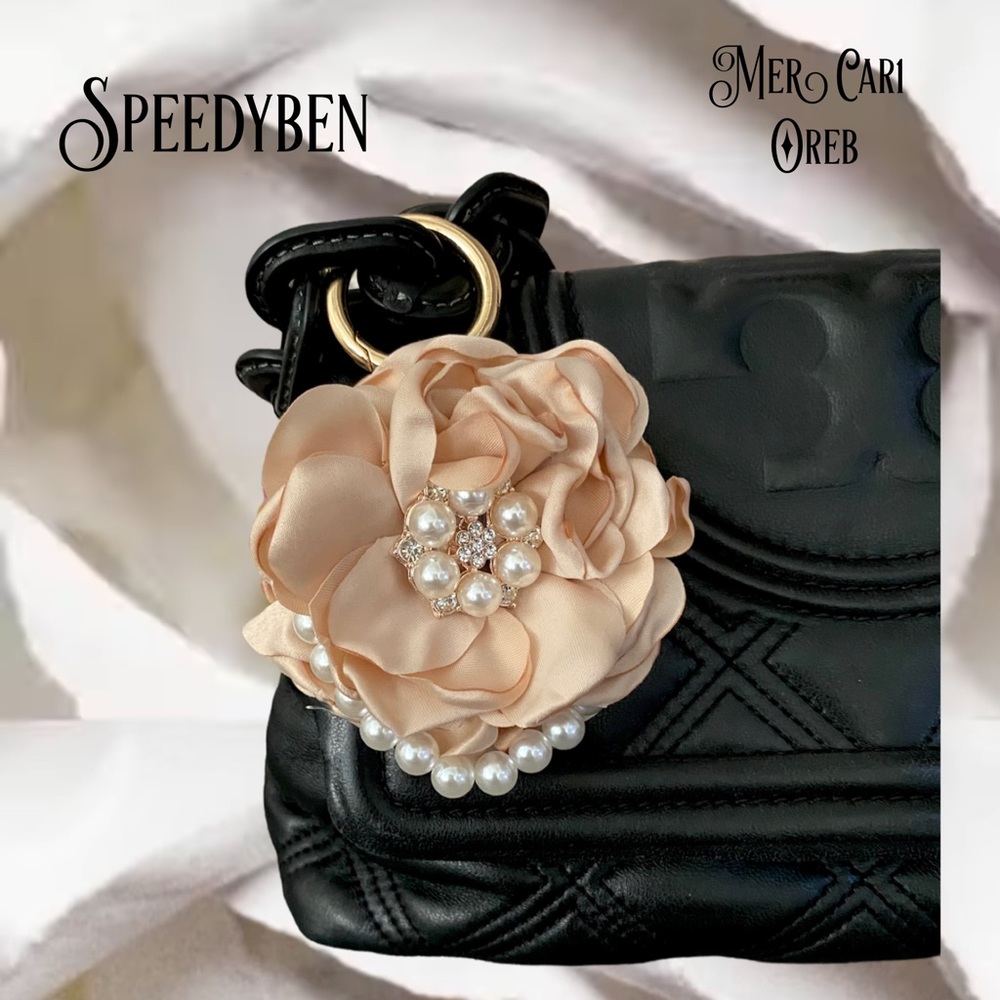 Satin Floral Pearl Bag Charm/Keychain Khaki